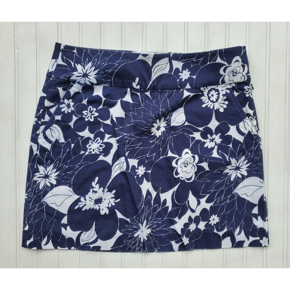J.Crew Navy Blue White Floral Mini Skirt Size 2 Cotton Spandex Pockets Coquette